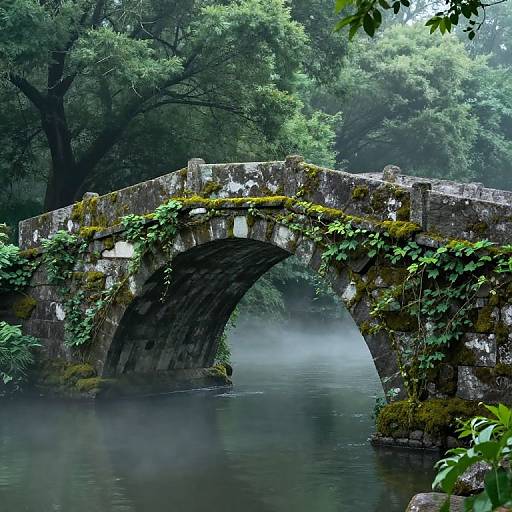 Photograph of a moss-covered, stone arched bridge over a misty, green forested river, with dense foliage and misty atmosphere.