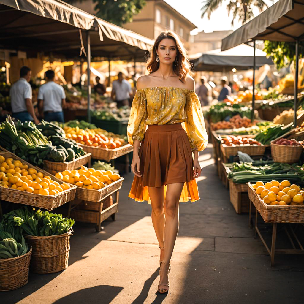 Elegant Fashion Model at Farmer's Market