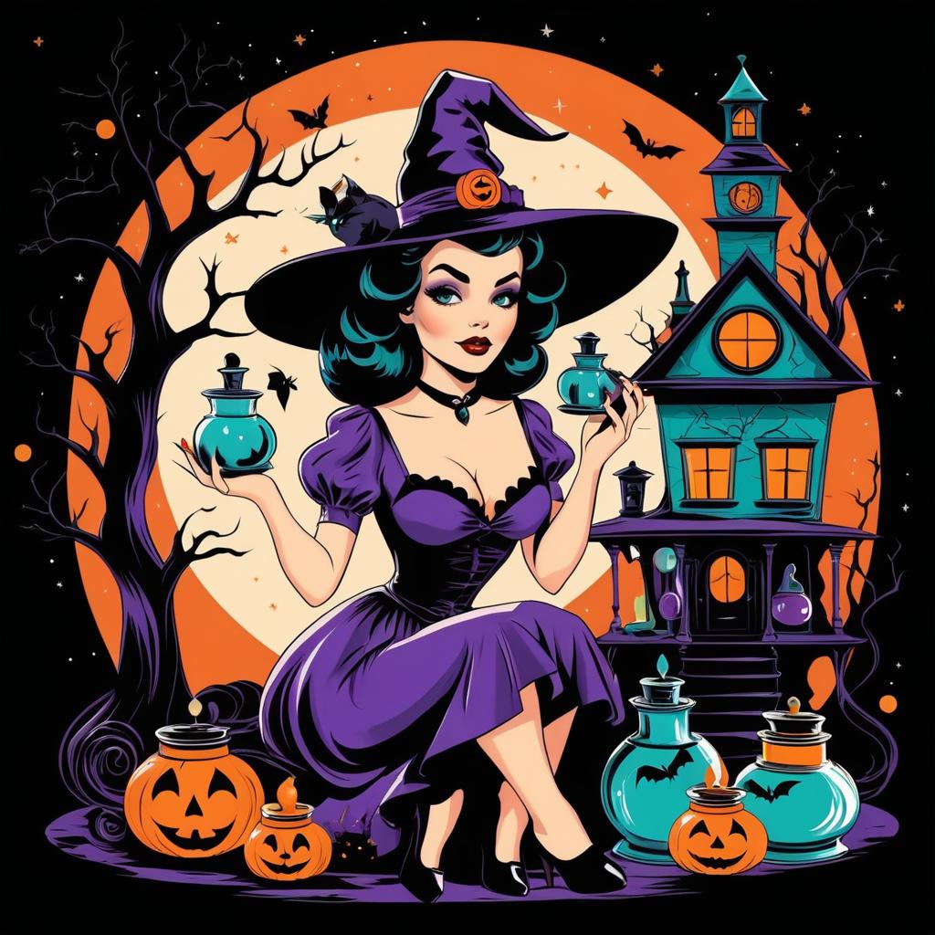 Vintage Halloween Pin-Up Witch Illustration