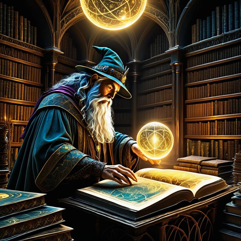 Enchanted Wizard in a Mystical Library