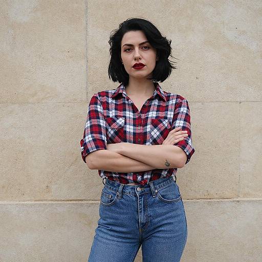 Confident Woman in Plaid Shirt