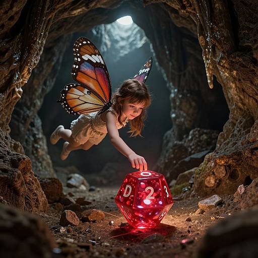 Photograph of a fairy with orange and black butterfly wings, brown hair, and a white dress, touching a glowing red dice in a dark, rocky