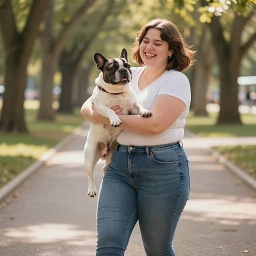 Happy Woman Hugging French Bulldog in Park