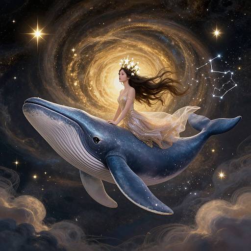 Fantasy illustration of a crowned woman with flowing black hair riding a glowing blue whale through a cosmic galaxy with stars and constellations.
