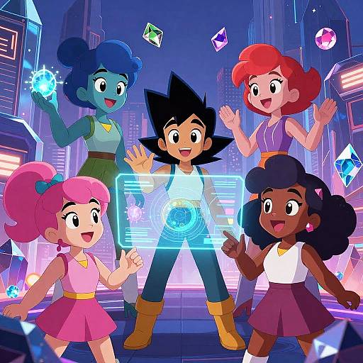 Digital anime-style artwork of five diverse children with colorful hair and clothes, standing in a futuristic city, surrounded by glowing crystals. Central child with black sp