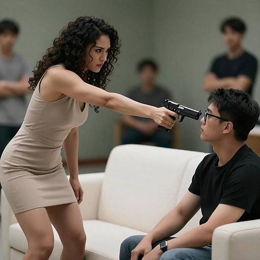 Tense Confrontation: Woman Aiming Handgun