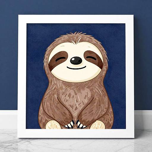 Cute digital drawing of a smiling sloth with brown fur and white face, framed in white against a dark blue background.