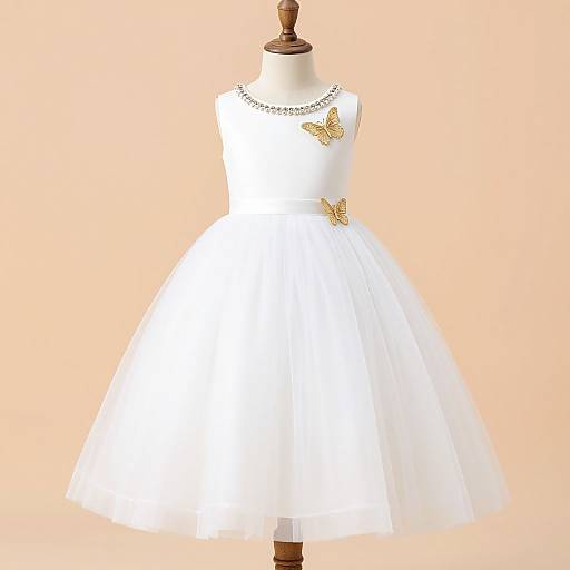 Photograph of a white, sleeveless, knee-length dress with a full tulle skirt, adorned with gold butterfly embroidery and a pearl necklace, displayed