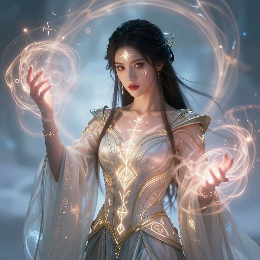 Digital fantasy artwork of a beautiful Asian woman with glowing runes on her face and chest, wearing an ornate, glowing dress, conjuring magical circles with