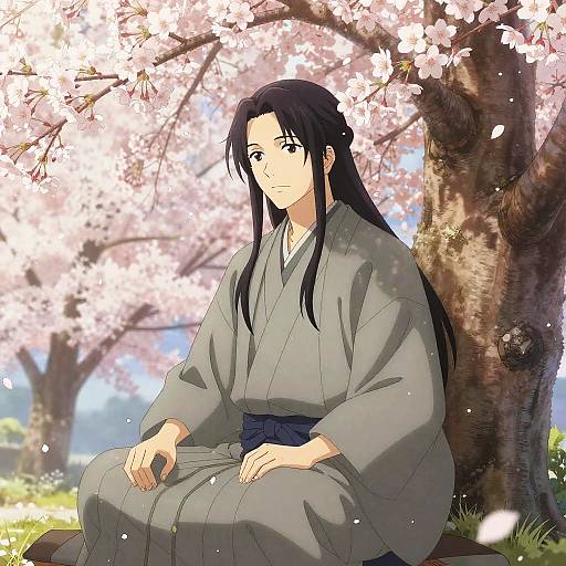 Serene Anime Man Under Cherry Blossoms