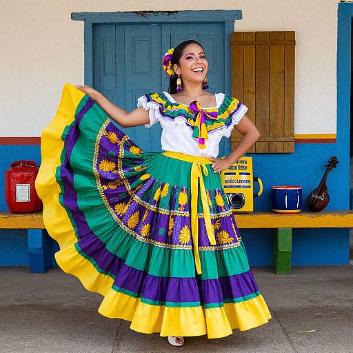 Photograph of a smiling Latina woman in vibrant Mexican dress, white blouse, green-yellow-purple skirt, yellow sash, flower hairpin, standing outdoors