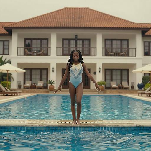 Young Black Girl Walking on Hotel Pool Edge