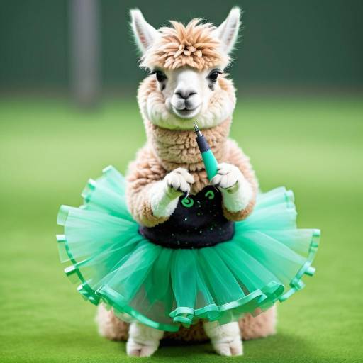 Alpaca in Green Ballet Tutu Holding Sewing Machine Presser Foot