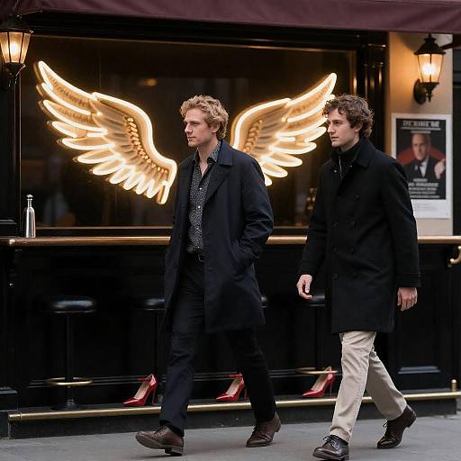 Men Walking by Neon Winged Bar