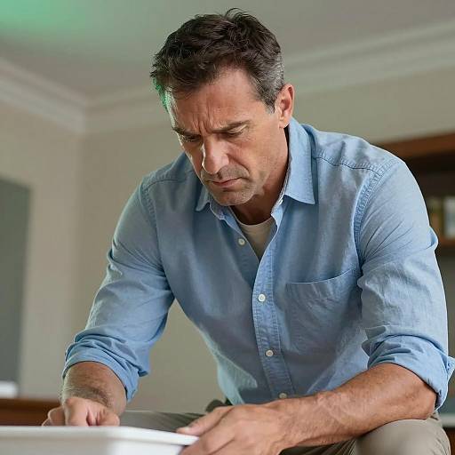 Concerned Middle-Aged Man Leaning Forward