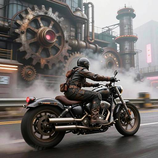 Cyberpunk motorcyclist in leather gear speeds through smoky, industrial cityscape with massive gears and steam, blurred lights in background.