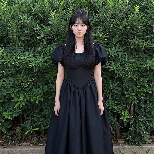 Photograph of an East Asian woman with long black hair, wearing a black gothic dress and tiara, standing in front of lush green bushes.
