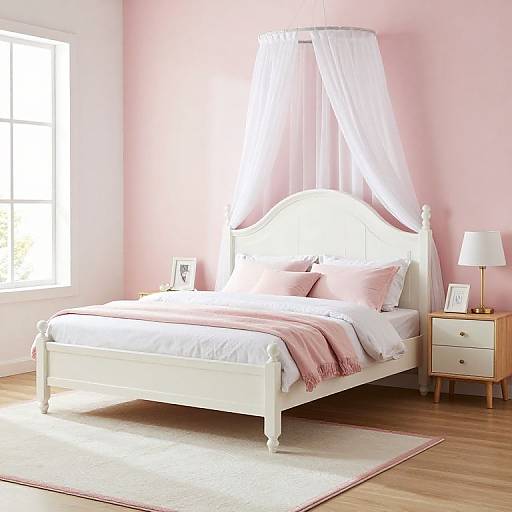Photograph of a pink-walled bedroom with a white canopy bed, pink blanket, white nightstand, lamp, and sunlight streaming through a window.