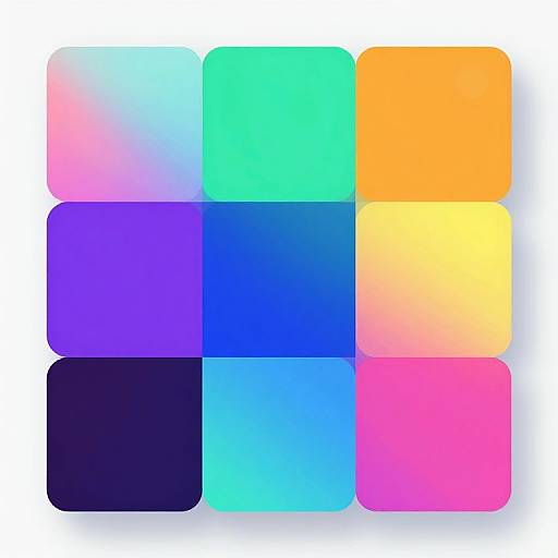 Colorful grid of eight square icons, each with a gradient hue: blue, teal, orange, purple, black, yellow, pink, and turquoise