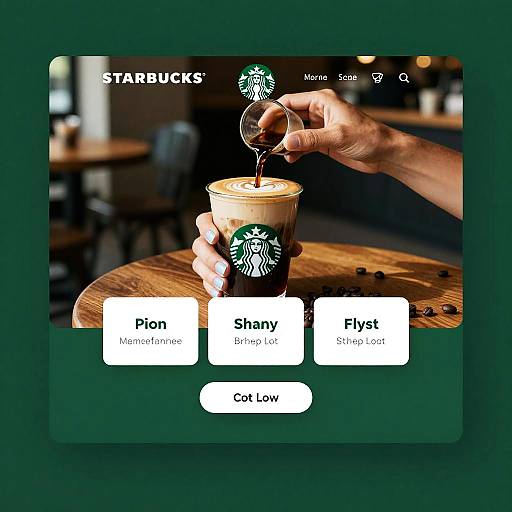 Photograph of a hand pouring iced coffee from a glass into a Starbucks cup, with menu options for 