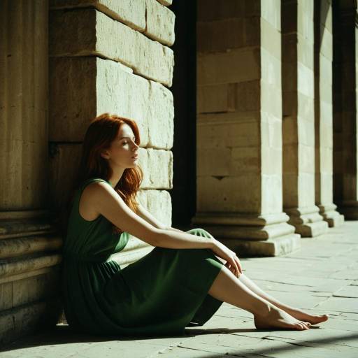 Young Woman Sitting by Stone Pillar