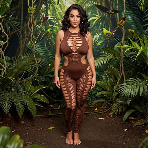 Photograph of a curvy woman with dark hair wearing a brown, cut-out, knit bodysuit, standing in a lush, green jungle.