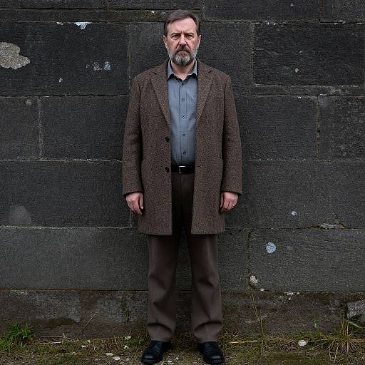 Photograph of middle-aged man with grey beard, wearing brown tweed jacket, grey shirt, black pants, standing against dark, textured brick wall.