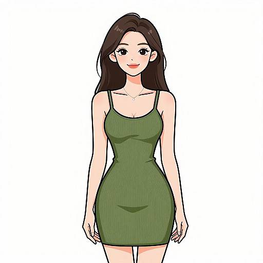 Digital anime-style drawing of a smiling young woman with long black hair, wearing a tight, green, ribbed, sleeveless dress against a white background