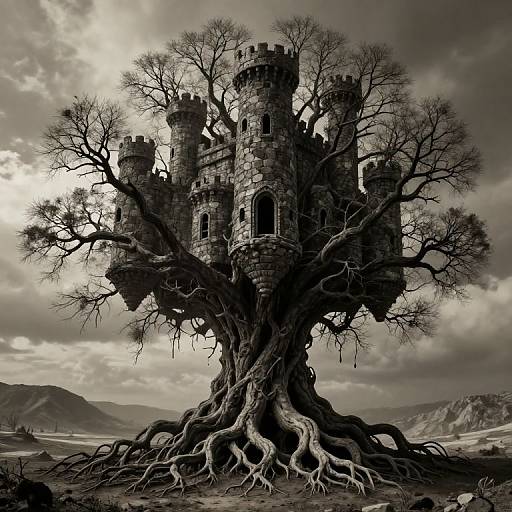 Photorealistic black-and-white CGI of a castle integrated into a massive, gnarled tree with sprawling roots, set against a cloudy sky and mountain