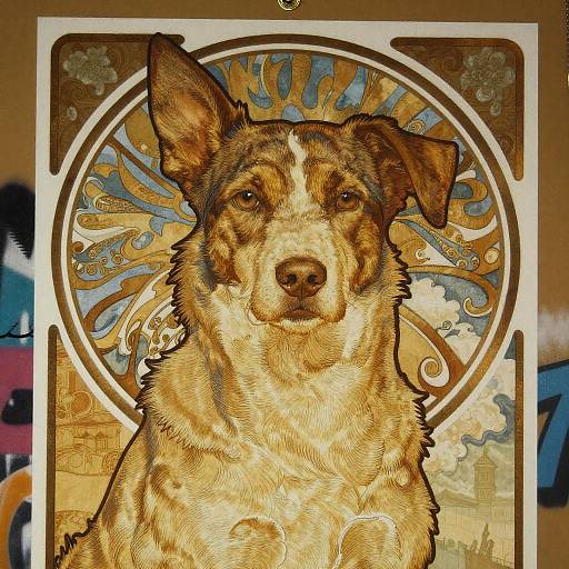 Illustration of a brown and white dog with intricate, sunburst background, featuring detailed, golden hues and ornate circular design.
