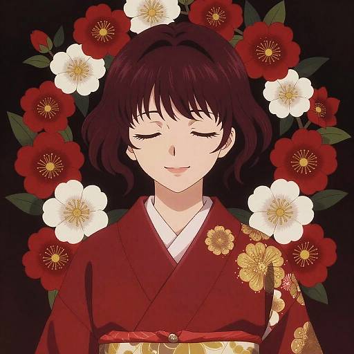 Serene Anime Woman in Floral Kimono