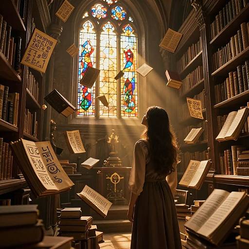 Photograph of a young woman with long, wavy brown hair, in a brown dress, standing in a sunlit, medieval library, surrounded by