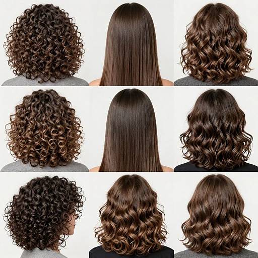 Photograph of eight different brown hair styles: five curly, three straight, all viewed from the back against a white background.
