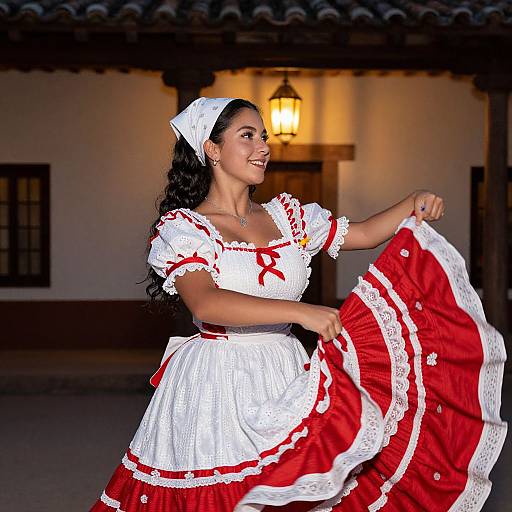Photograph of a smiling woman with long black hair, wearing a white and red traditional Spanish flamenco dress, lifting the skirt, standing in front of