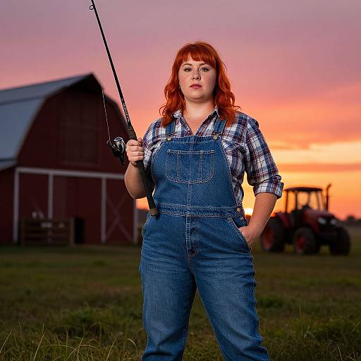 Photograph of a red-haired woman in blue denim overalls and plaid shirt, holding a fishing rod, standing in front of a red barn at
