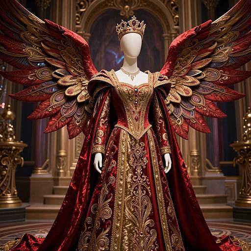 Photograph of a white mannequin wearing an ornate, red and gold, baroque-style gown with large, detailed, red peacock-fe