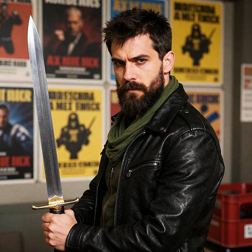 Bearded Warrior with Sword in Urban Setting