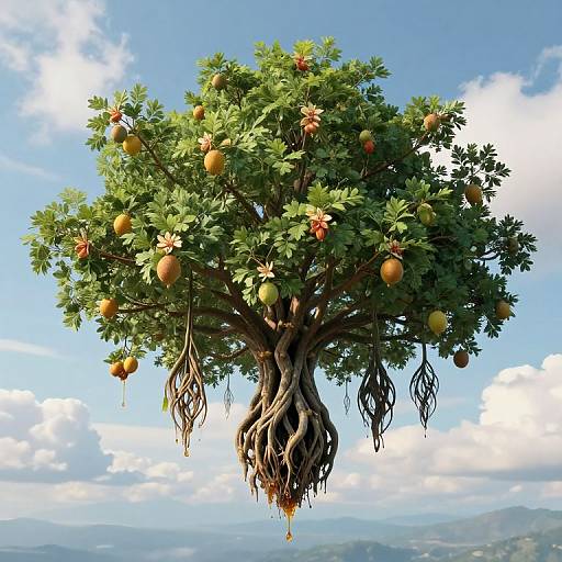 Photorealistic CGI of a floating orange tree with lush green leaves, hanging fruits, and exposed roots against a bright blue sky with fluffy clouds and distant