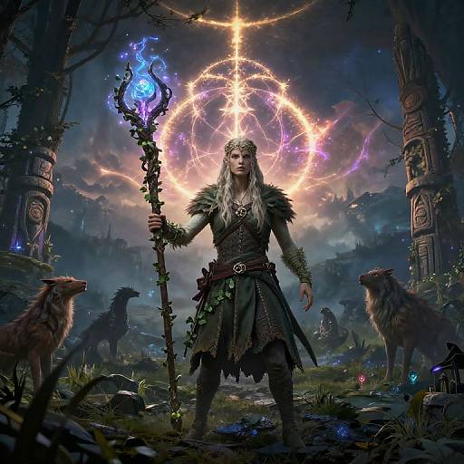 Digital fantasy artwork of a white-haired, armored wizard with glowing blue staff, surrounded by wolves, in a mystical forest with magical runes and a radiant celestial