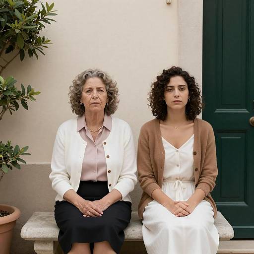 Two Women Sitting on Stone Bench