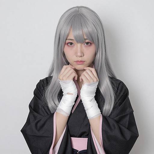 Shy Asian Woman in Kimono with Silver Hair