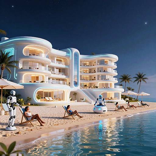Photorealistic digital artwork of a futuristic, glowing white beach hotel at night, with robots, lounging people, palm trees, and a serene ocean