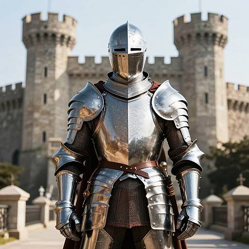Photorealistic image of a knight in shiny, reflective medieval armor standing in front of a grand, stone castle with tall towers.