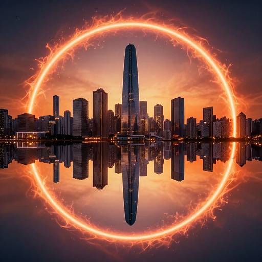 Digital artwork of a city skyline at sunset, with a bright, fiery circular halo around a tall skyscraper, reflecting on calm water.