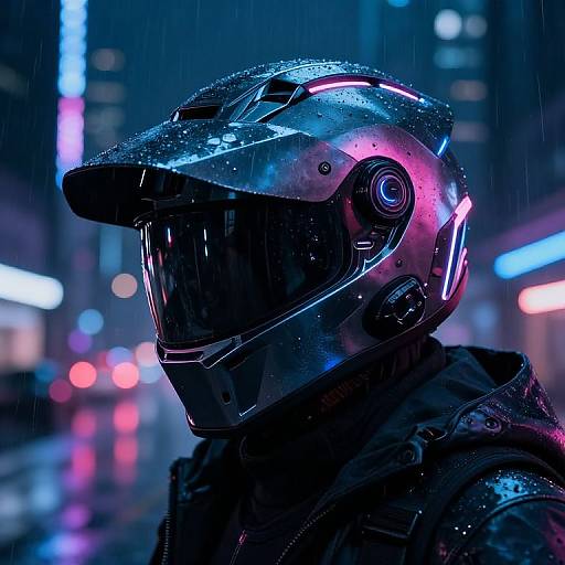 Cyberpunk-style photograph of a rain-soaked, futuristic helmet with neon pink and blue lights, set against a blurred cityscape at night.