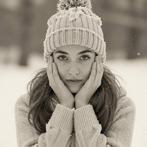 Sepia Snow Portrait of Cozy Woman