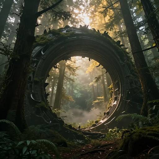 Photograph of a mystical forest featuring a large, circular, moss-covered wooden structure at its center, with sunlight filtering through dense trees.