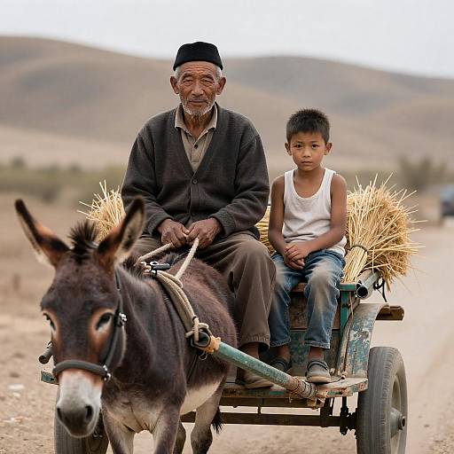 Elderly Man and Boy on Donkey Cart