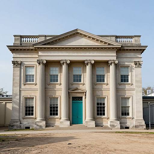 Photograph of a neoclassical stone building with tall columns, a triangular pediment, and a central green door under a clear blue sky.