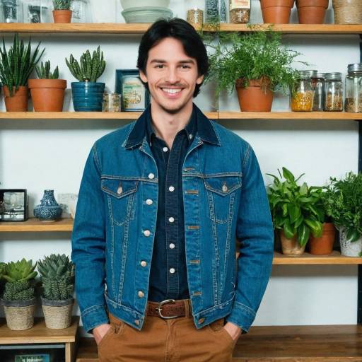 Smiling man in denim jacket with indoor plants